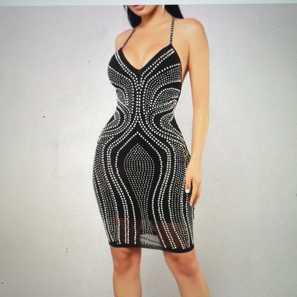 Black mesh rhinestone mini dress BRAND NEW - Picture 2 of 4